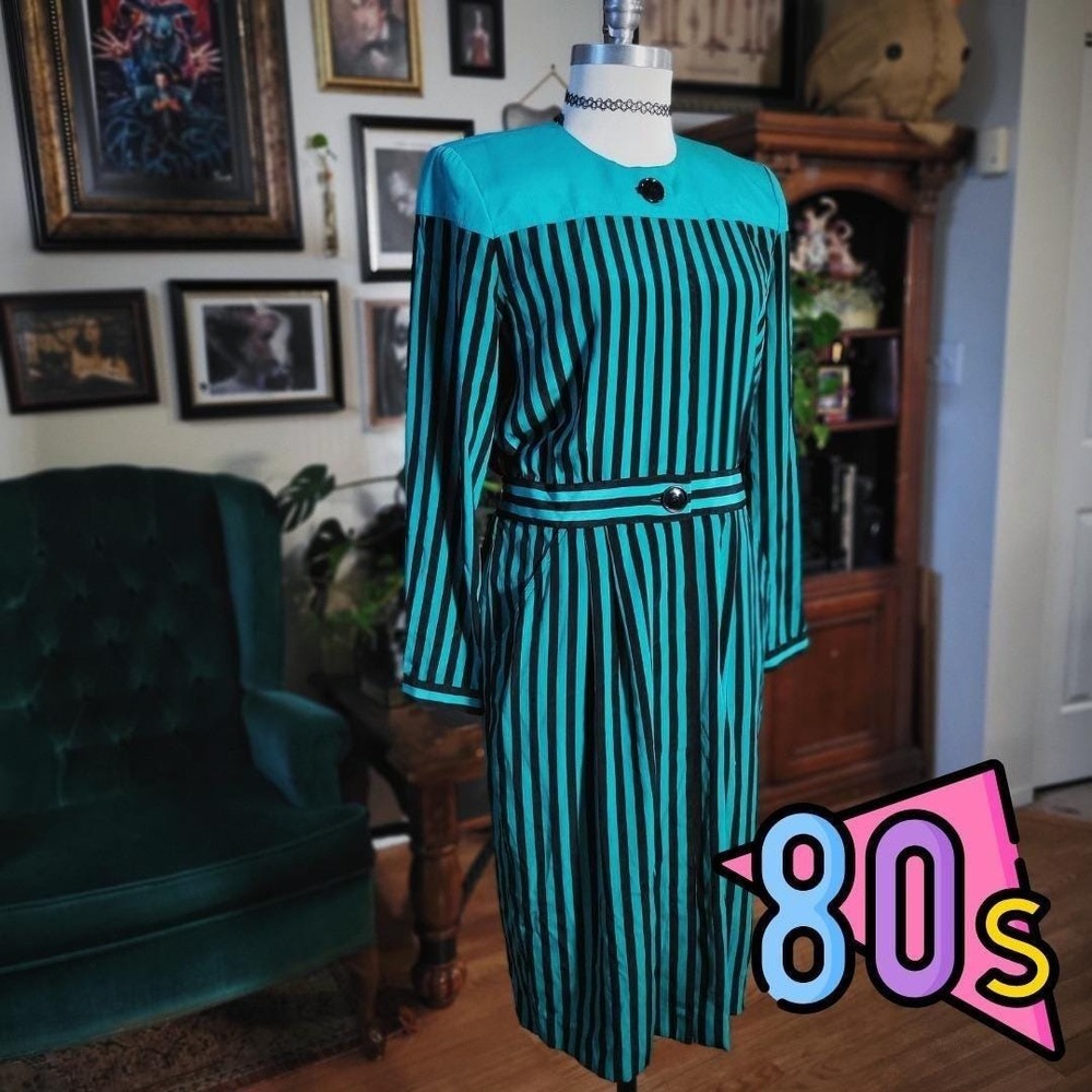 Leslie Fay Office Dress Vintage 80s Petite Teal Black Stripe‎ Long Sleeve Belted